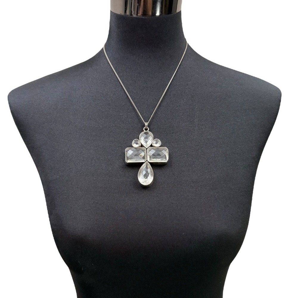 BR Silver Clear Crystal Glass Cross Pendant Necklace Statement Chain Jewelry 12"